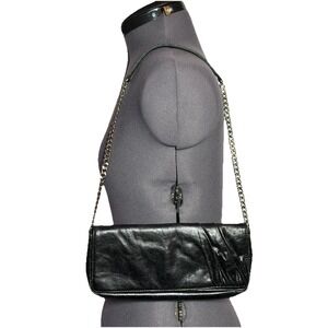 Vtg Y2K HOBO International Black Leather Chain Shoulder Bag Flap Purse Small